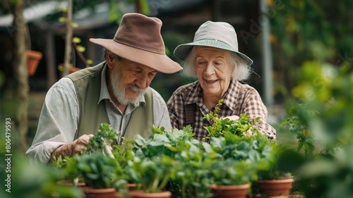 Elderly couple together gardening, An elderly man and woman plant a vegetable garden together, active seniors lifestyle outdoors in summer time