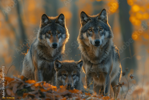 Pack of wolves in autumn forest  sharp focus on their intense gazes  golden foliage enhancing the wild atmosphere. 