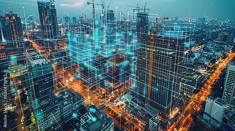 A modern construction site implementing smart building technologies such as IoT sensors A modern construction site implementing smart building technologies such as IoT sensors