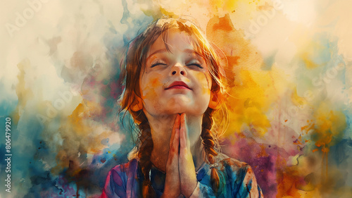 Image of a little girl in worship on watercolor background photo