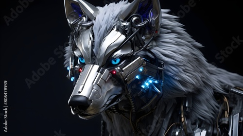 Sleek robotic wolf with artificial fur and glowing LED eyes