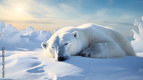 Sleeping polar bear on an icy tundra