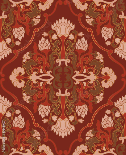 Seamless red damask pattern. Floral vector ornament. Background for wallpaper, textile, carpet and any surface. 