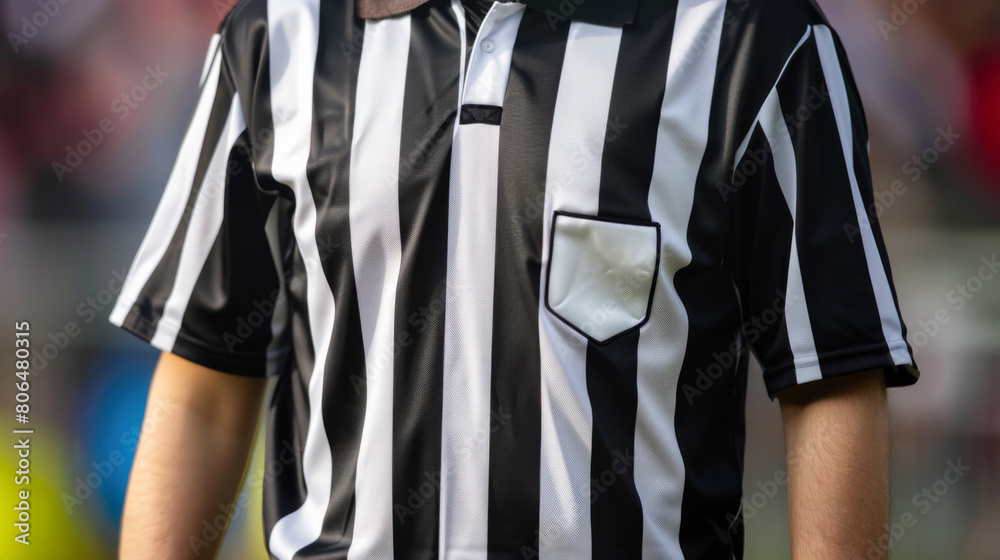 Close up of a referee wearing a black and white striped sports shirt