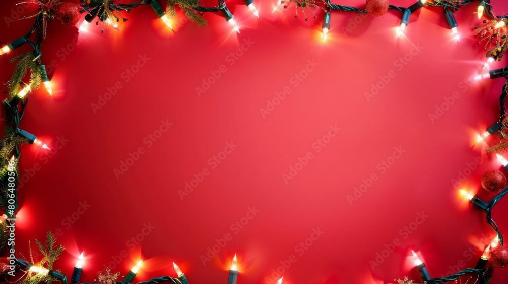 Christmas lights forming a border frame around a red background