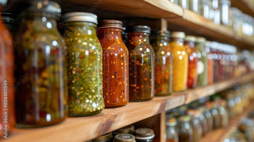A pantry shelf stocked with an impressive collection of gourmet condiments including pesto harissa and smoked tomato ketchup. A pantry shelf stocked with an impressive collection of gourmet condiments including pesto harissa and smoked tomato ketchup.