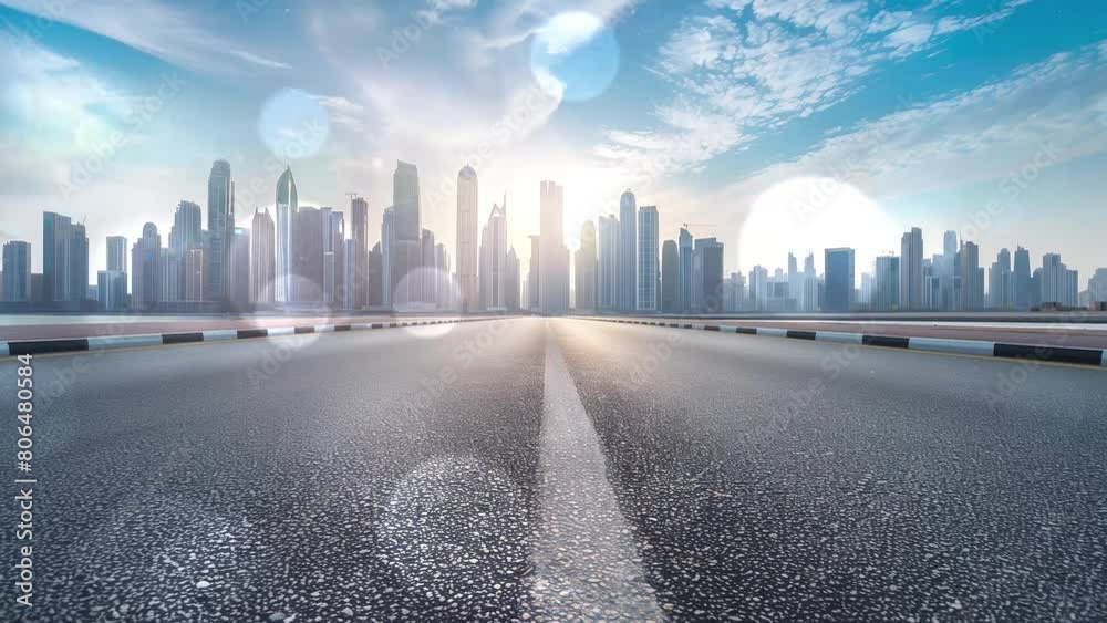 empty asphalt road with modern cityscape. seamless looping overlay 4k virtual video animation background empty asphalt road with modern cityscape. seamless looping overlay 4k virtual video animation background