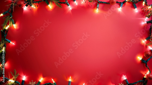 Christmas lights forming a border frame around a red background 