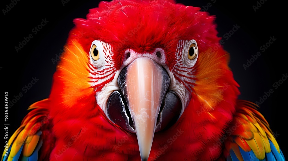 Fototapeta premium Tropical parrot with a flamboyant mix of red, yellow, and orange feathers,