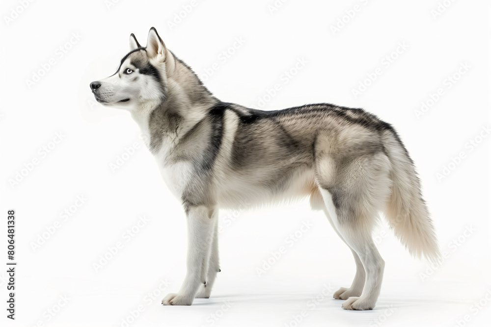 Siberian Husky standing in profile on white background, displaying its majestic coat and sharp blue eyes.
Siberian Husky standing in profile on white background, displaying its majestic coat and sharp blue eyes.