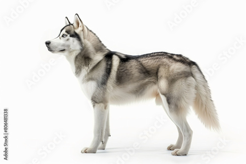 Siberian Husky standing in profile on white background  displaying its majestic coat and sharp blue eyes. 