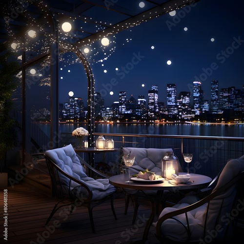 Night view of a terrace with a view of the city.