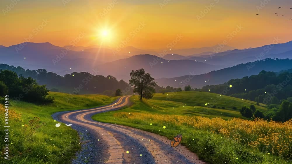 winding country road at sunrise mountain. seamless looping overlay 4k virtual video animation background winding country road at sunrise mountain. seamless looping overlay 4k virtual video animation background