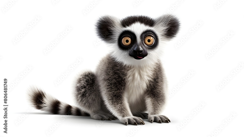 Whimsical lemur in a playful stance, isolated on a pristine white background, Whimsical lemur in a playful stance, isolated on a pristine white background,