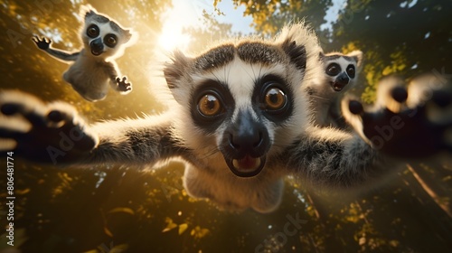 Whimsical lemurs leaping through the trees