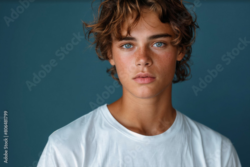 Young man with blue eyes in white t-shirt against blue plain wall, with copy space for marketing