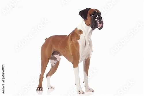 Boxer standing attentively, displaying its muscular physique and focused expression, against a clean white background.  © Andrey