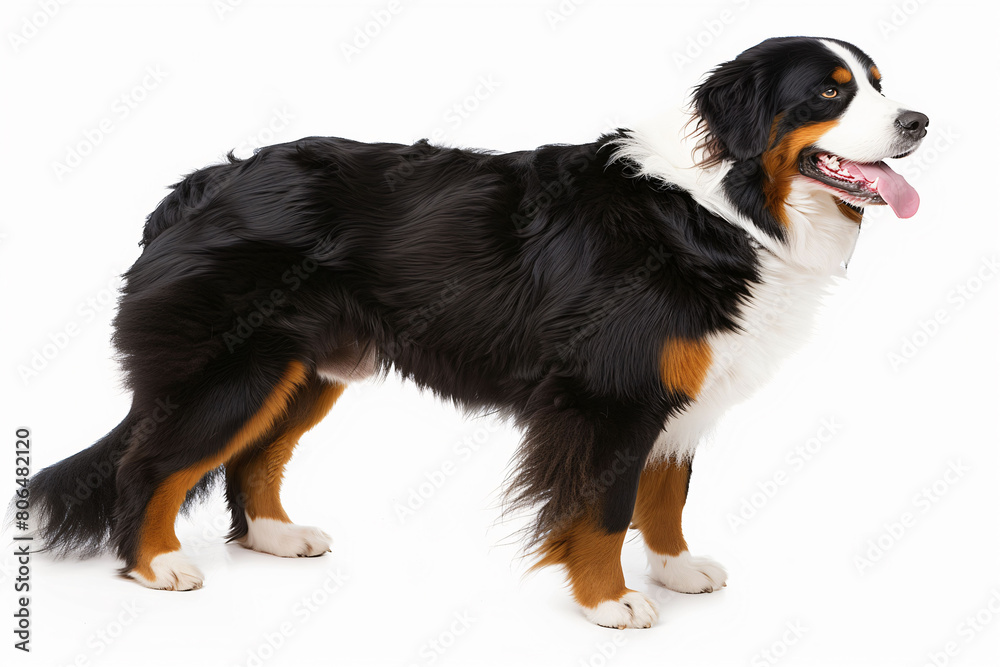 Bernese Mountain Dog standing, displaying vibrant tricolor coat and joyful expression, perfect for family companionship.
