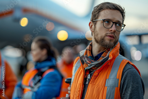 A man in an orange vest stands in front of an airplane