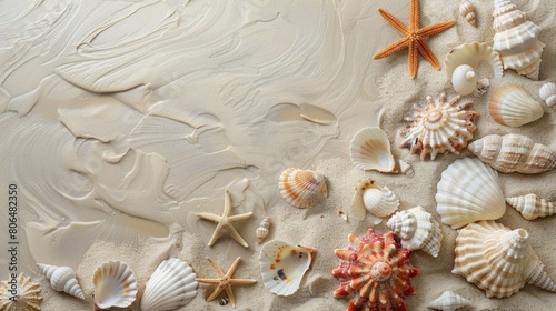 Liquid art event featuring macro photography of seashells  starfish  and arthropods on sandy beach. Patterns inspired by carmine petals and fictional characters in peach hues AIG50