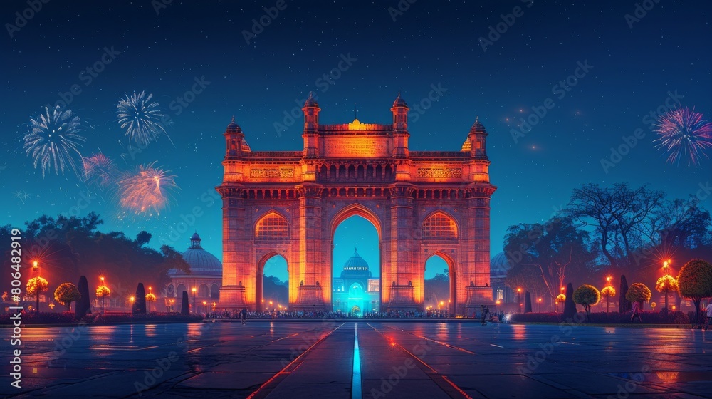 Indian architecture like the India Gate adorned with lights and decorations for Independence Day of India