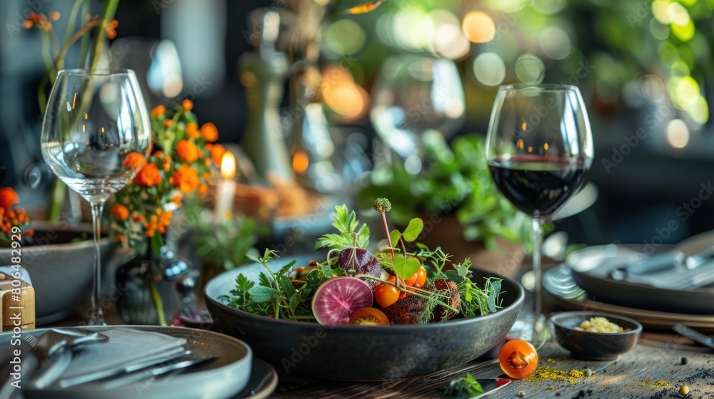 Naklejka premium A delicious and healthy salad with grilled chicken, fresh vegetables, and a tangy dressing. Perfect for a light lunch or dinner.