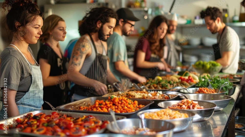 A group of people are preparing food in a commercial kitchen. They are chopping vegetables, mixing ingredients, and cooking. A group of people are preparing food in a commercial kitchen. They are chopping vegetables, mixing ingredients, and cooking.