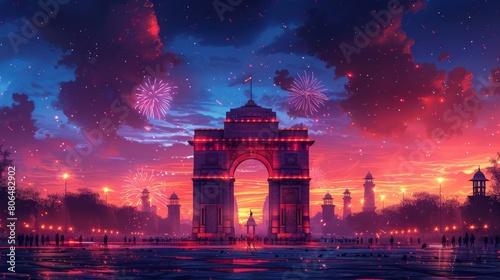 Indian architecture like the India Gate adorned with lights and decorations for Independence Day of India photo