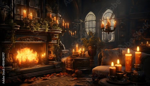 3d illustration of a dark room with a fireplace and christmas decorations