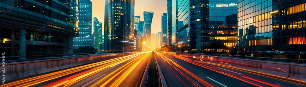 Fototapeta premium Cityscape at Dusk, stunning cityscape at dusk, with illuminated skyscrapers and office buildings in the background