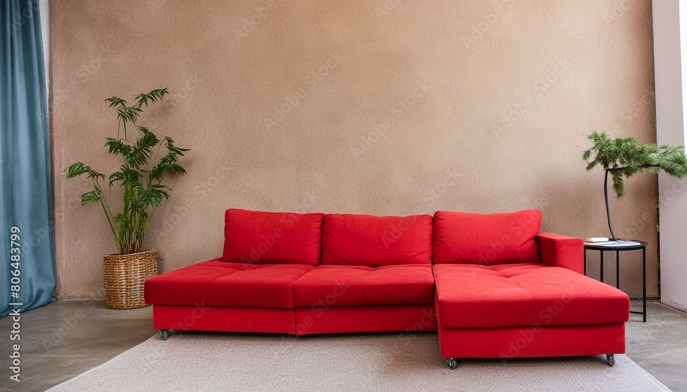 Red modular corner sofa against blank brown stucco wall with copy space. Loft interior design of modern living room, home. Red modular corner sofa against blank brown stucco wall with copy space. Loft interior design of modern living room, home.