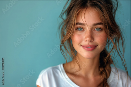 Beautiful young woman against blue blank background, portrait with blank canvas for advertising