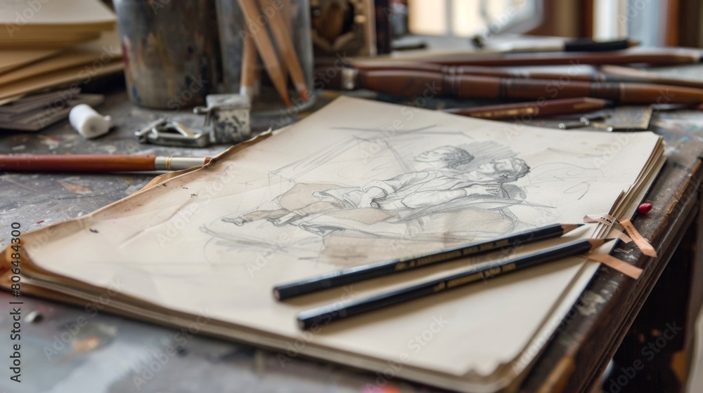 A wellworn sketchbook filled with delicate pencil drawings and charcoal sketches showcasing the versatility of highend drawing supplies. A wellworn sketchbook filled with delicate pencil drawings and charcoal sketches showcasing the versatility of highend drawing supplies.