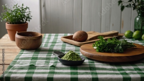 The default white wooden table background is covered with a green kitchen cloth