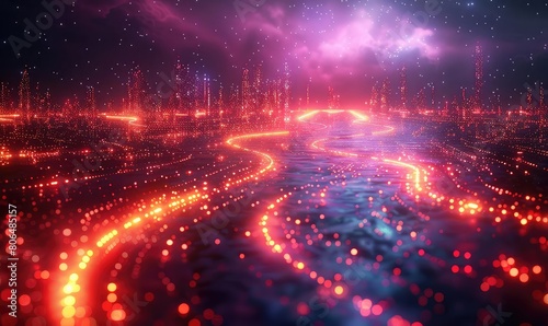 An abstract landscape of glowing red particles forms a river that winds through a dark plain. In the distance, a large, glowing city can be seen.