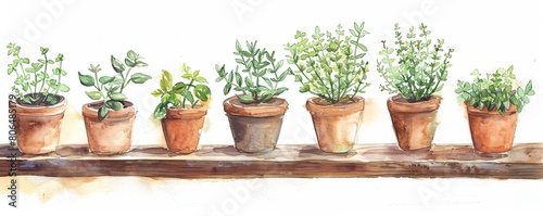 Sketch a captivating watercolor illustration showcasing a row of potted herbs arranged elegantly on a wooden shelf, against a simple white backdrop, capturing the essence of cottagecore charm
