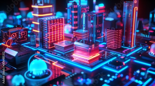 neon abstract background with cyber city shapes in virtual reality