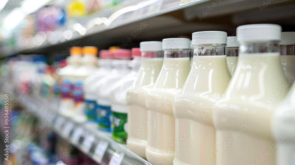 Variety of milk bottles on grocery shelf Variety of milk bottles on grocery shelf