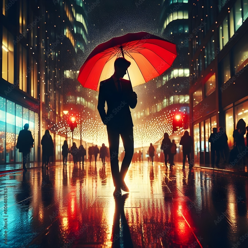 A person holding on umbrella in the rain.