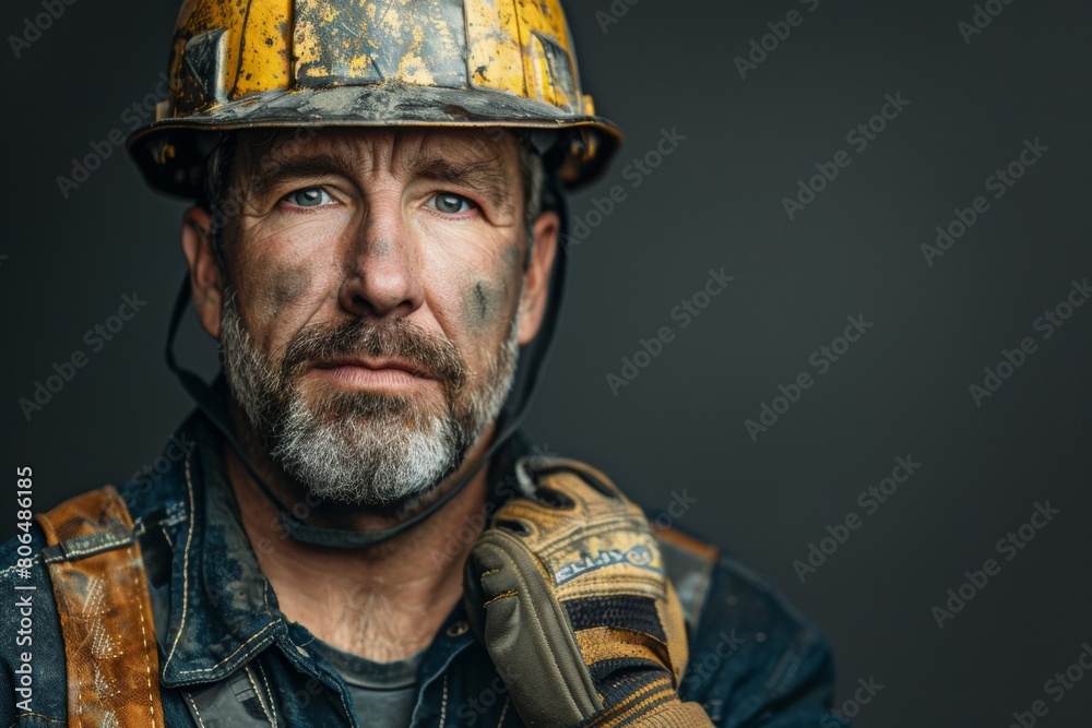 A Caucasian male construction worker, donned in uniform and helmet, smiles against a white isolated background. A Caucasian male construction worker, donned in uniform and helmet, smiles against a white isolated background.