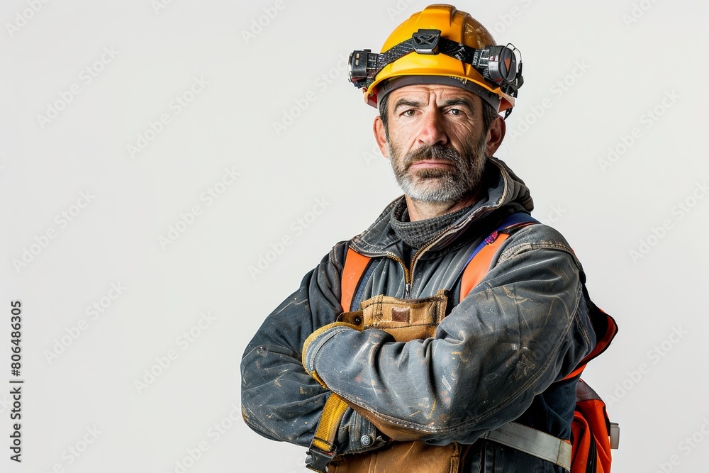 A Caucasian male construction worker, donned in uniform and helmet, smiles against a white isolated background. A Caucasian male construction worker, donned in uniform and helmet, smiles against a white isolated background.