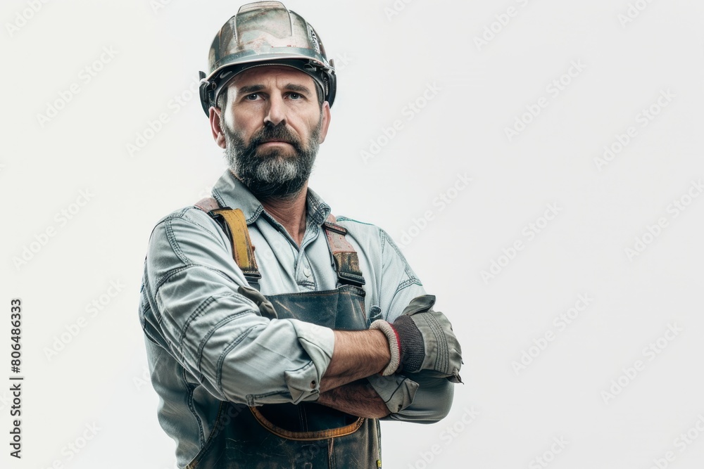 A Caucasian male construction worker, donned in uniform and helmet, smiles against a white isolated background. A Caucasian male construction worker, donned in uniform and helmet, smiles against a white isolated background.