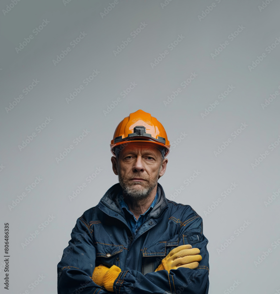 A Caucasian male construction worker, donned in uniform and helmet, smiles against a white isolated background.