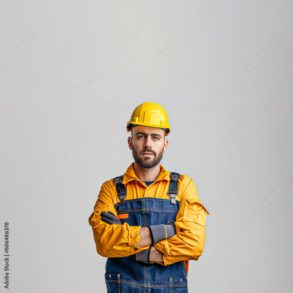 A Caucasian male construction worker, donned in uniform and helmet, smiles against a white isolated background. A Caucasian male construction worker, donned in uniform and helmet, smiles against a white isolated background.