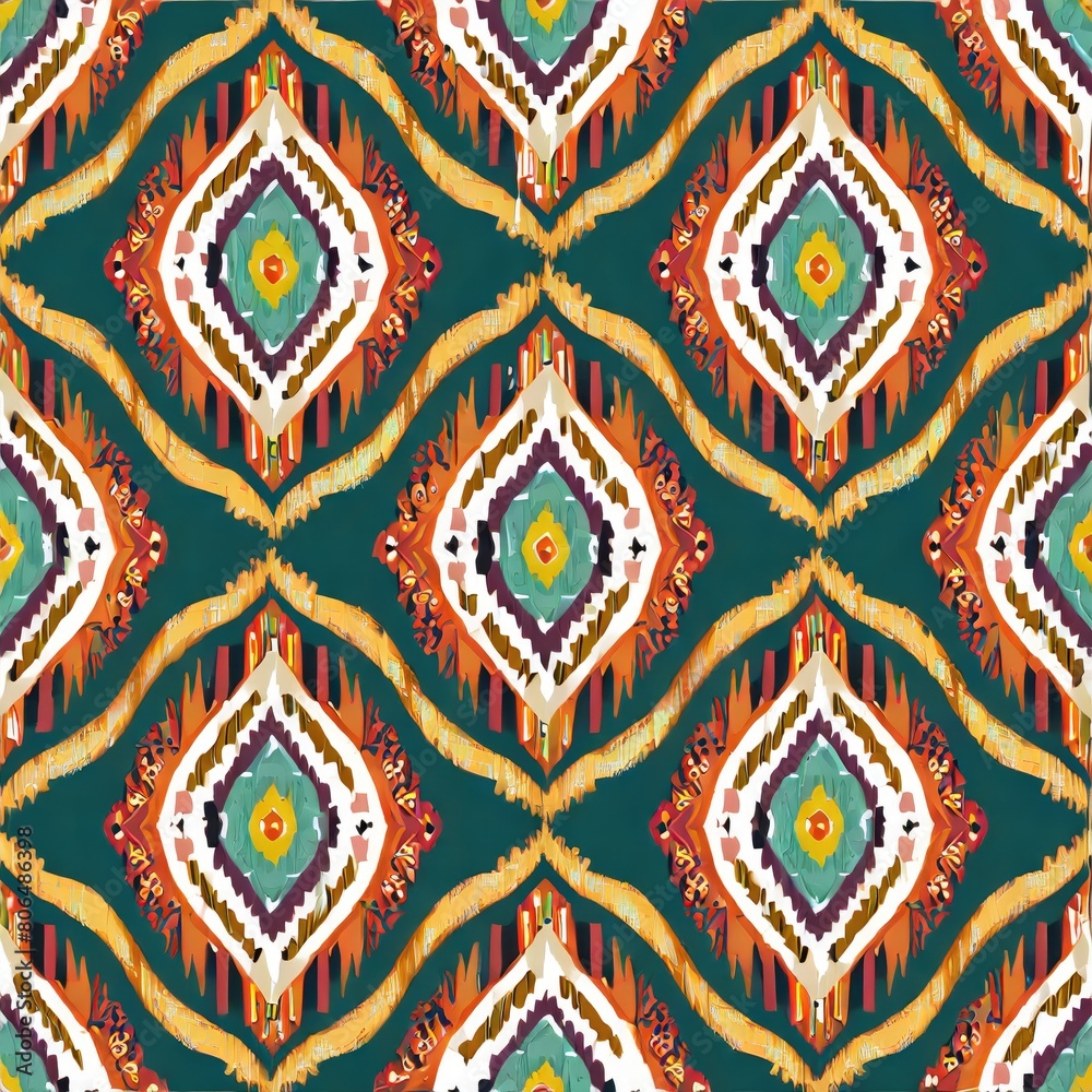 Seamless round ikat pattern, geometric curve design for fashion clothes, textile, wrapping, decoration