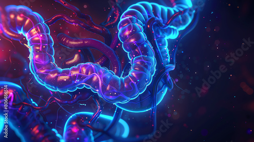 A medical 3D illustration of the human gastrointestinal tract with small and large intestines under neon blue illumination, against a dark background photo