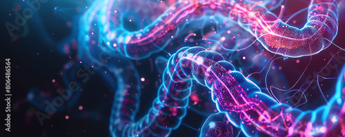 A 3D digital art piece showing the intricate details of human small and large intestines illuminated by vibrant neon blue light on a medicalthemed background photo