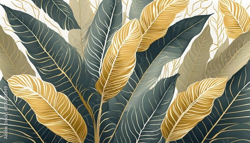 Abstract luxury art background with tropical leaves in blue and green colors with golden art line