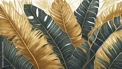 Golden tropical leaves wallpaper  Luxury nature leaf design  golden leaf lines