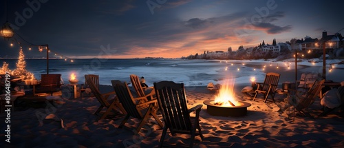 Beautiful panoramic view of the beach at night  with a bonfire in the foreground